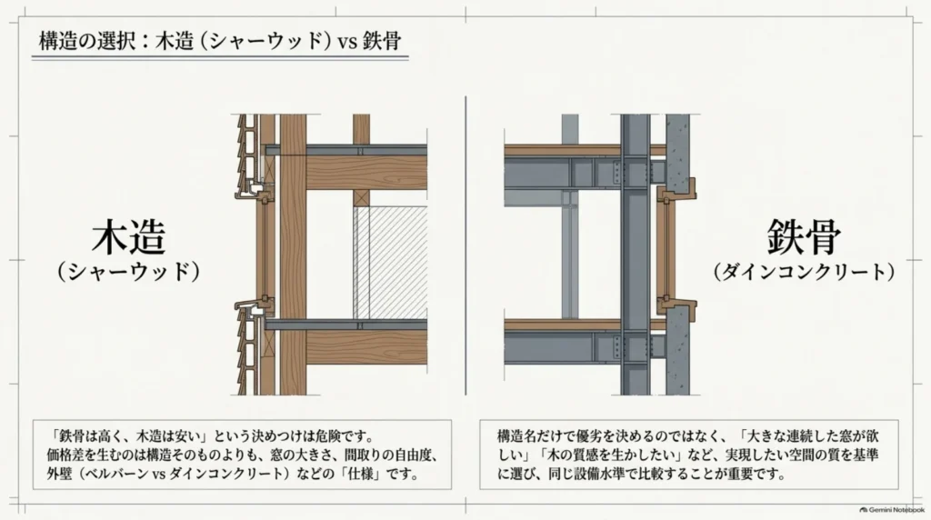 木造のシャーウッドと鉄骨の構造・外壁を並べ、価格は構造だけでなく窓や間取り、外壁などの仕様でも変わることを説明する図