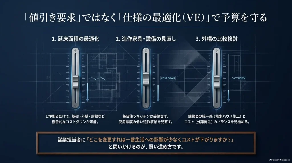 延床面積の最適化、使用頻度の低い造作家具や設備の見直し、外構の比較検討により、暮らしへの影響を抑えて予算を調整する3つの方法。