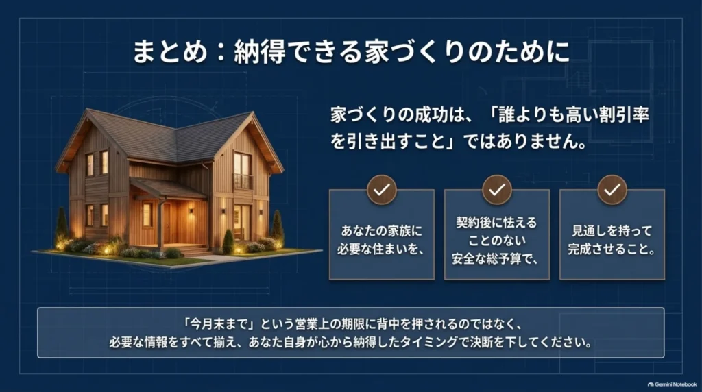 家族に必要な住まいを無理のない総予算で完成させるため、営業上の期限に急かされず、必要な情報をそろえて判断することを伝えるまとめ。