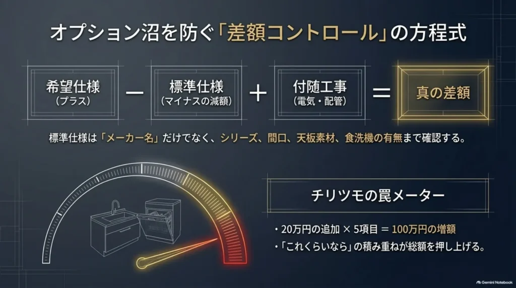希望仕様の費用から標準仕様の減額分を引き、電気や配管などの付随工事費を加えて変更差額を求める図