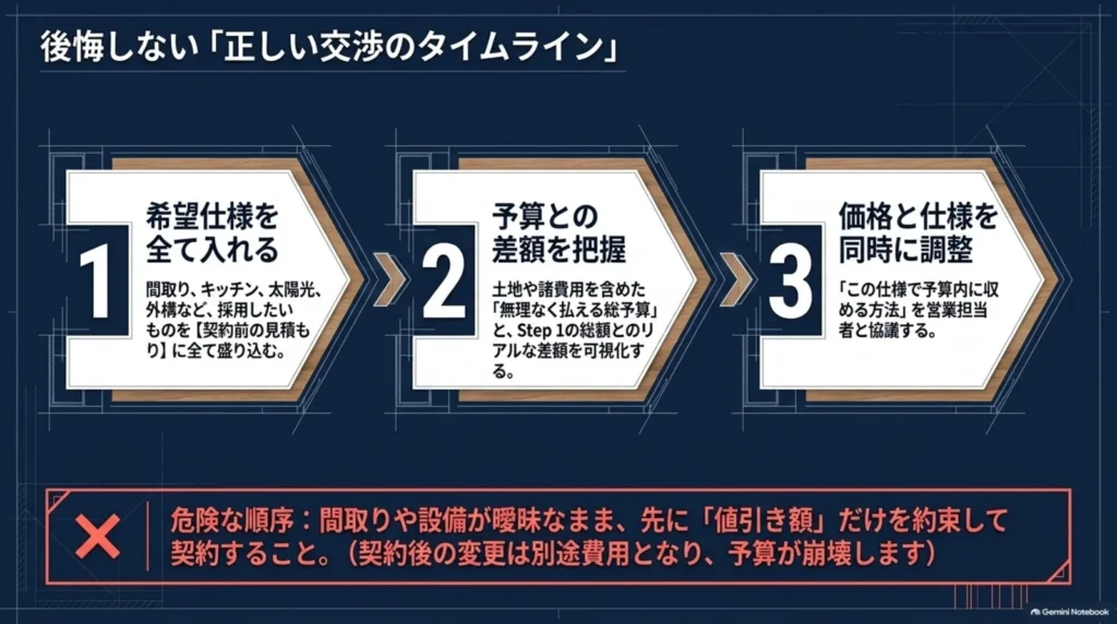 希望仕様を見積もりに入れる、総予算との差額を把握する、価格と仕様を同時に調整するという契約前の交渉手順を示す図。