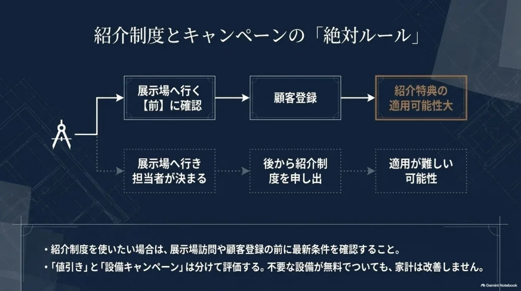 紹介条件を展示場訪問や顧客登録前に確認する流れと、担当者決定後の申し出では適用が難しい可能性を示す図。設備特典は必要性も確認する。
