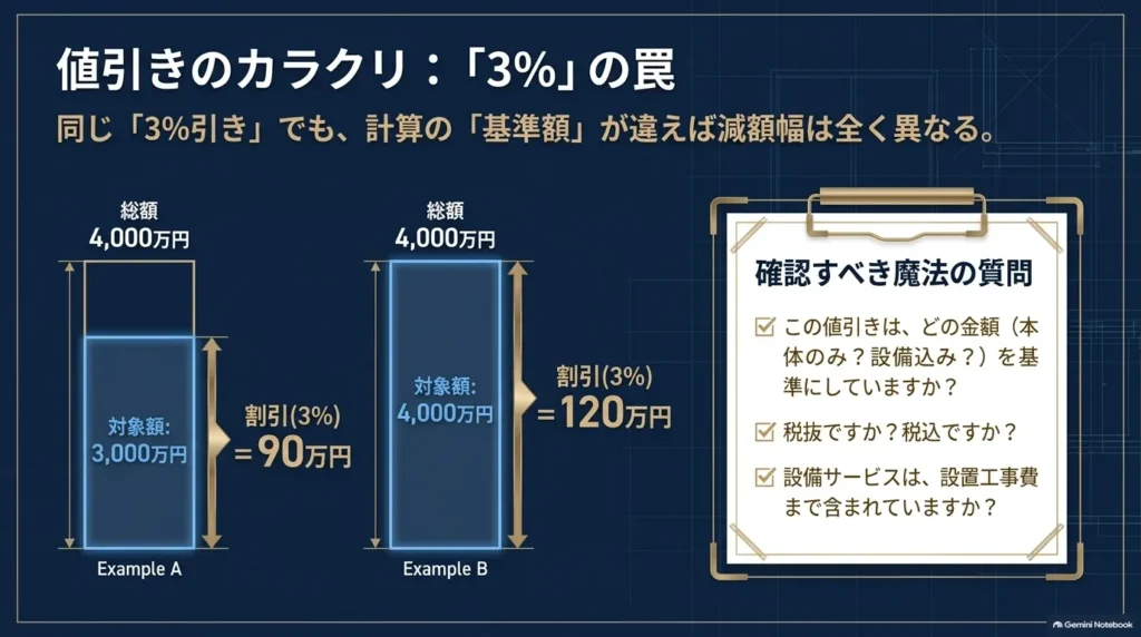 仮定の割引率3％で、対象額3,000万円なら90万円、4,000万円なら120万円の減額になる比較図。対象範囲、税の扱い、設備工事費の確認項目も掲載。