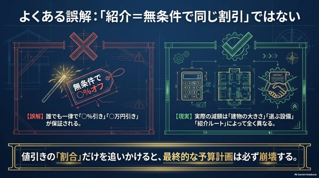 紹介で一定の割引が保証されるという誤解と、建物の大きさ、設備、紹介経路などによって減額条件が異なることを対比した図。