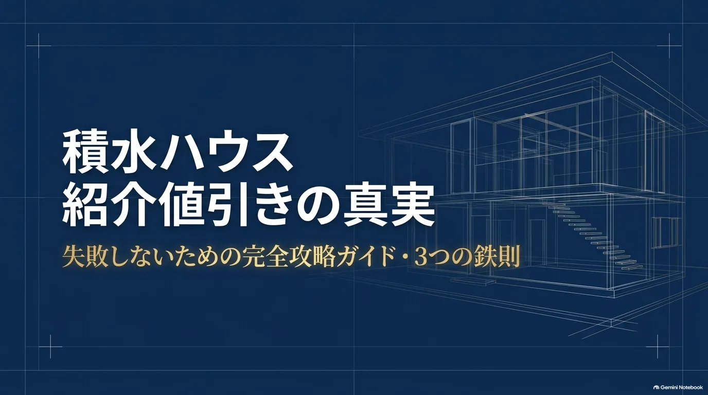 積水ハウスの紹介値引きについて、申し込みのタイミング、担当者選び、総額比較の3つのポイントを解説するガイドの表紙。