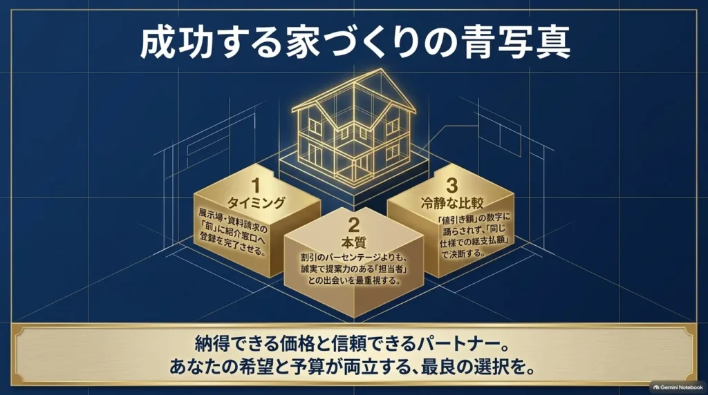 紹介制度を活用するポイントとして、展示場訪問前の手続き確認、誠実で提案力のある担当者選び、同じ仕様の総支払額による比較をまとめた図。