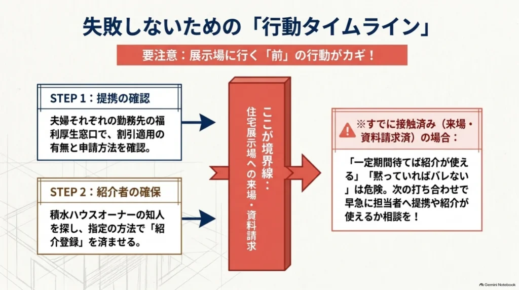 来場や資料請求の前に勤務先の提携制度とオーナー紹介の登録方法を確認する流れ。すでに接触している場合は、その履歴を伝えて適用可否を早めに相談する。