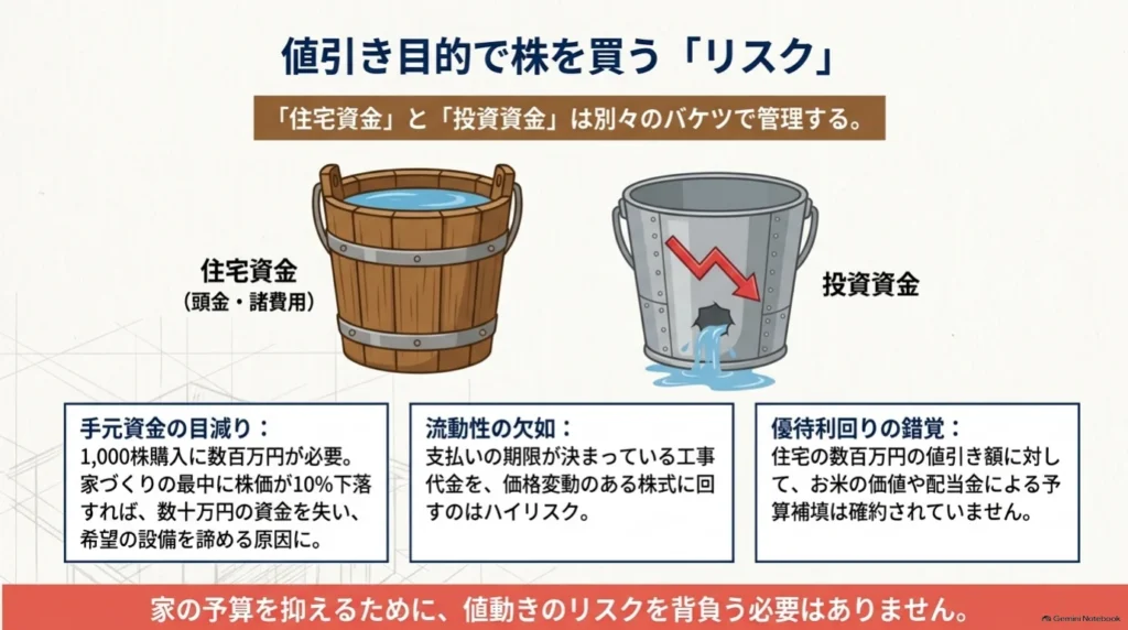 住宅資金と投資資金を別々のバケツで表現し、株価下落による資金の減少、支払期限への影響、優待や配当による予算補填が保証されない点を説明した図。