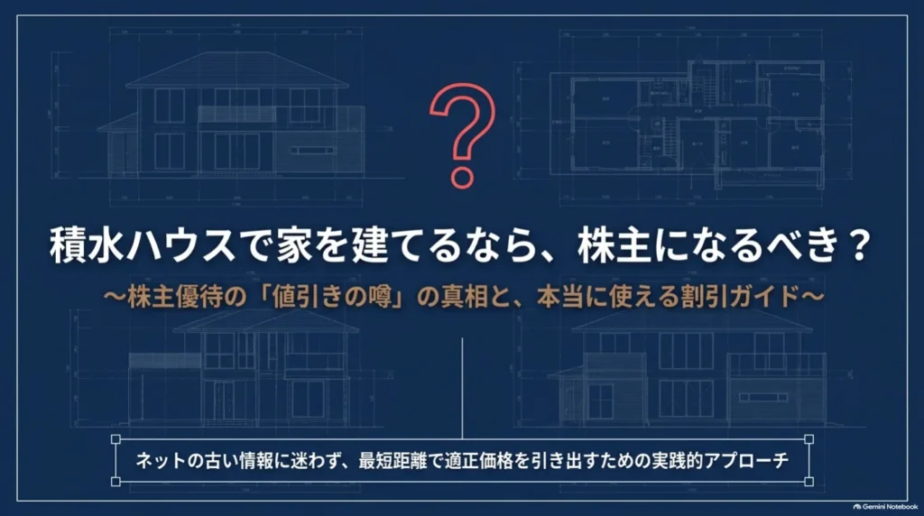 積水ハウスで家を建てる際に株主になるべきか、株主優待による値引きの噂と住宅割引の確認方法を解説する資料の表紙。