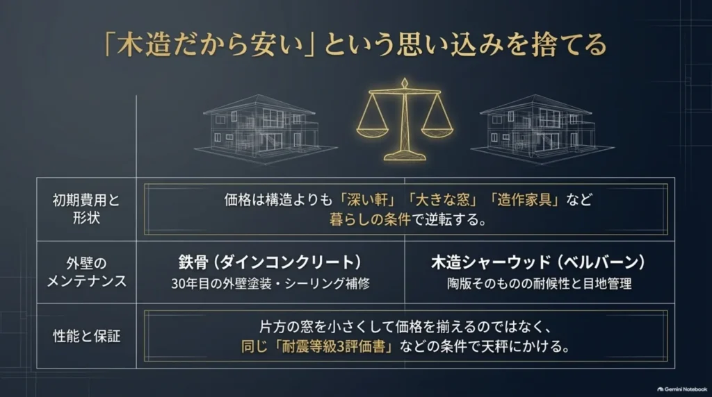 鉄骨とシャーウッドを、初期費用と形状、外壁のメンテナンス、性能と保証の条件を揃えて比較する図