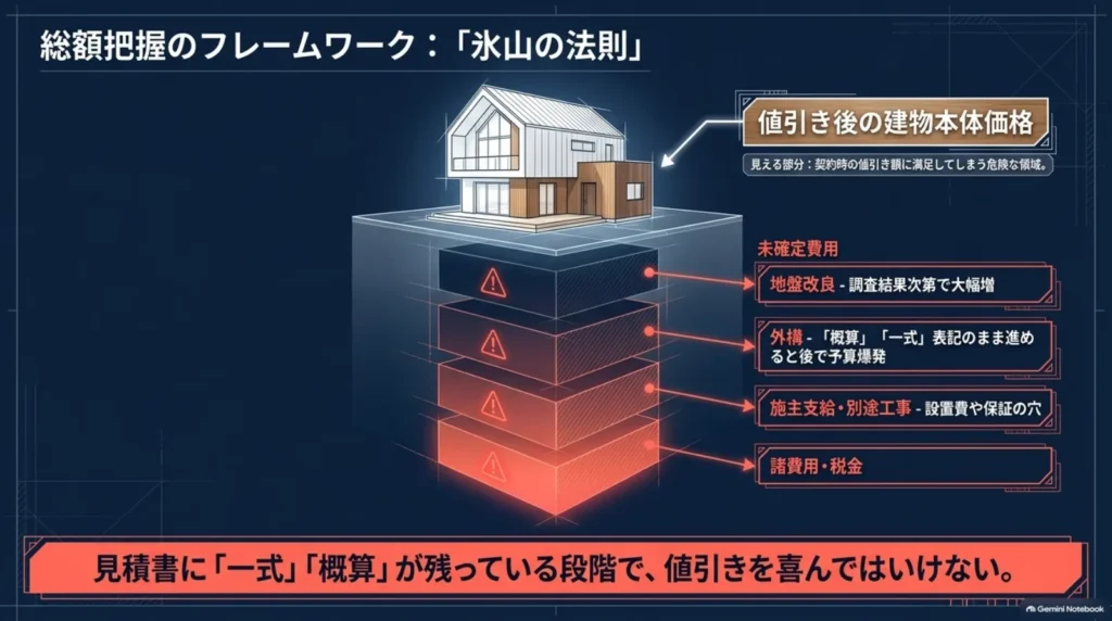 値引き後の建物本体価格を氷山の上部に見立て、地盤改良、外構、施主支給・別途工事、諸費用・税金など見落としやすい費用を下部に示した図。