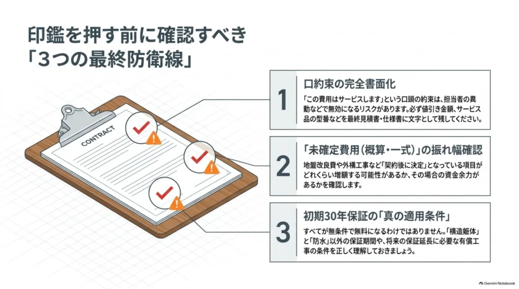 シャーウッドの契約前に、口約束の書面化、未確定費用、初期30年保証の条件を確認するチェックリスト