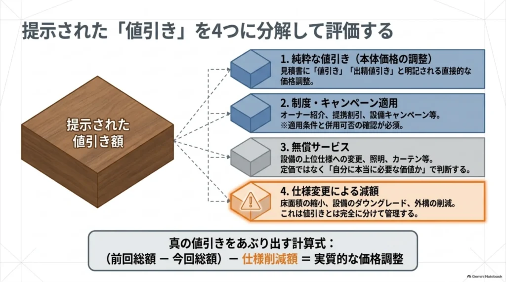 提示された値引きを、本体価格の調整、制度・キャンペーン、無償サービス、仕様変更による減額に分ける図