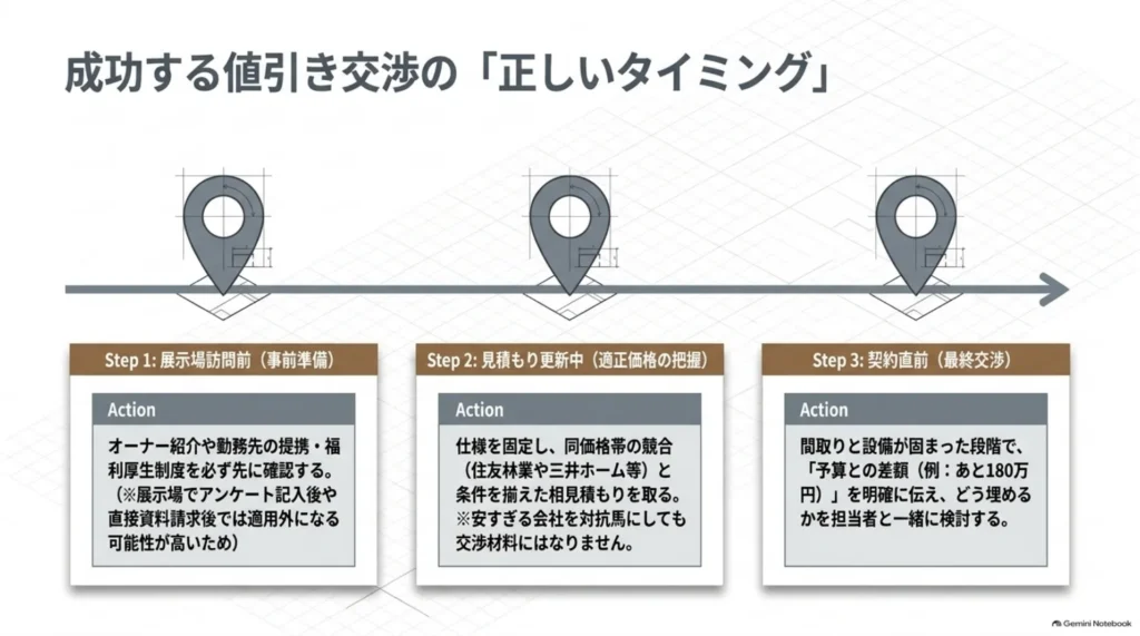 展示場訪問前、見積もり更新中、契約直前の3段階で行うシャーウッド値引き交渉の流れ