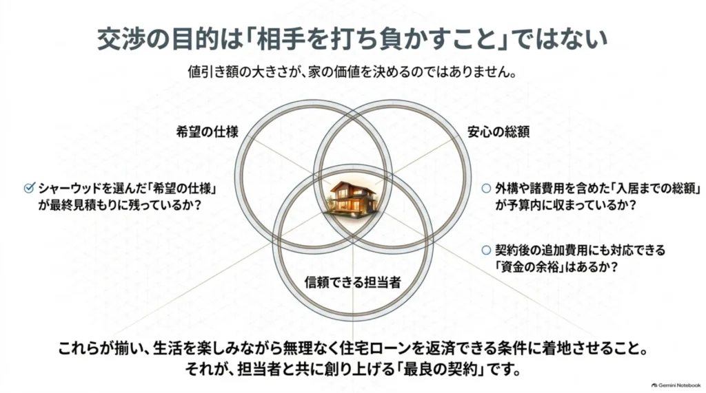 希望仕様、安心できる総額、信頼できる担当者が揃うことをシャーウッド値引き交渉のゴールとして示した図