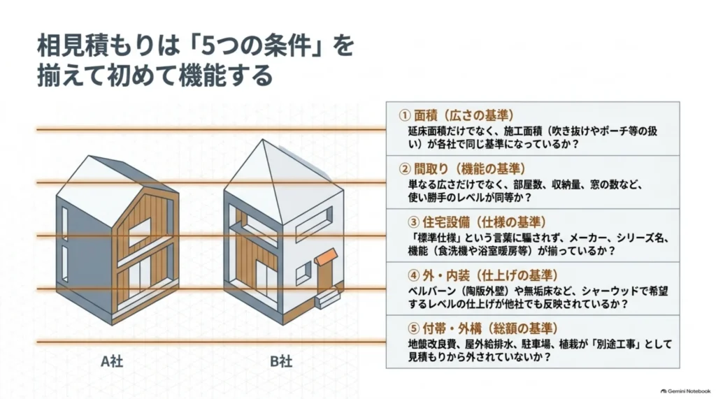 住宅会社の相見積もりで面積、間取り、住宅設備、外装・内装、付帯・外構の条件を揃える方法