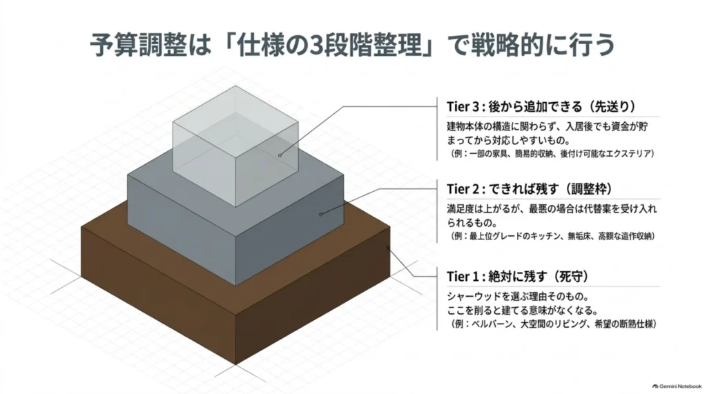 シャーウッドの希望仕様を、絶対に残す、できれば残す、後から追加できるの3段階に分けた図