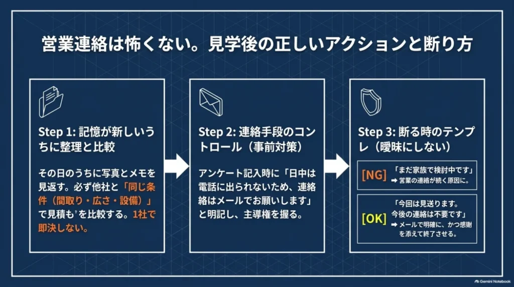 見学後のメモと写真の整理、同じ条件での他社比較、メールでの連絡希望の伝え方、検討を見送る際の明確な断り方をまとめた図。