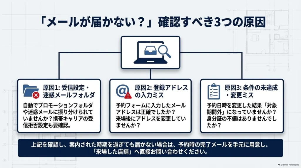 特典メールが届かない場合に確認する、迷惑メールや受信設定、登録メールアドレスの入力ミス、進呈条件の未達成や予約変更の3項目と、来場店舗への問い合わせ方法。