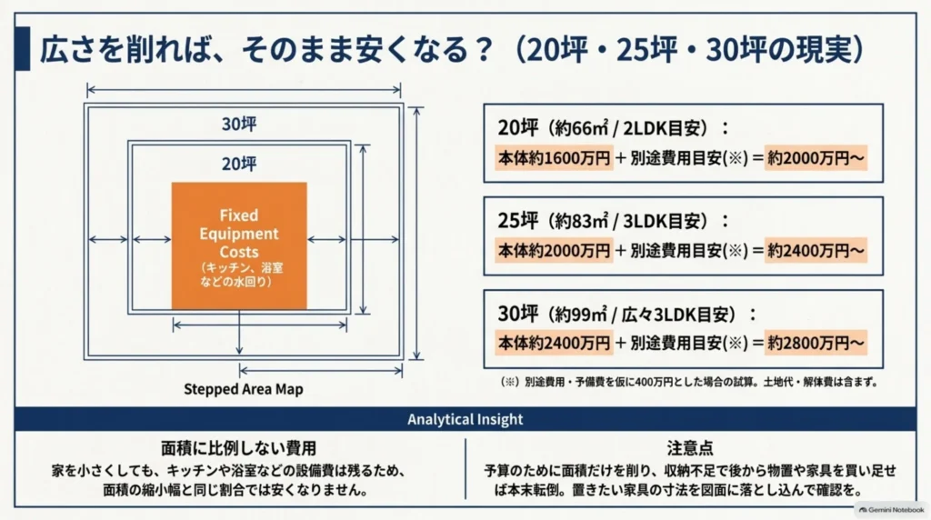 坪80万円の本体工事費と別途費用400万円を仮定した、20坪・25坪・30坪の平屋予算比較