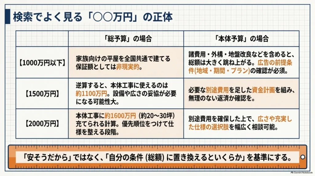 1000万円以下・1500万円・2000万円について、総予算と本体予算の違いを比較した表