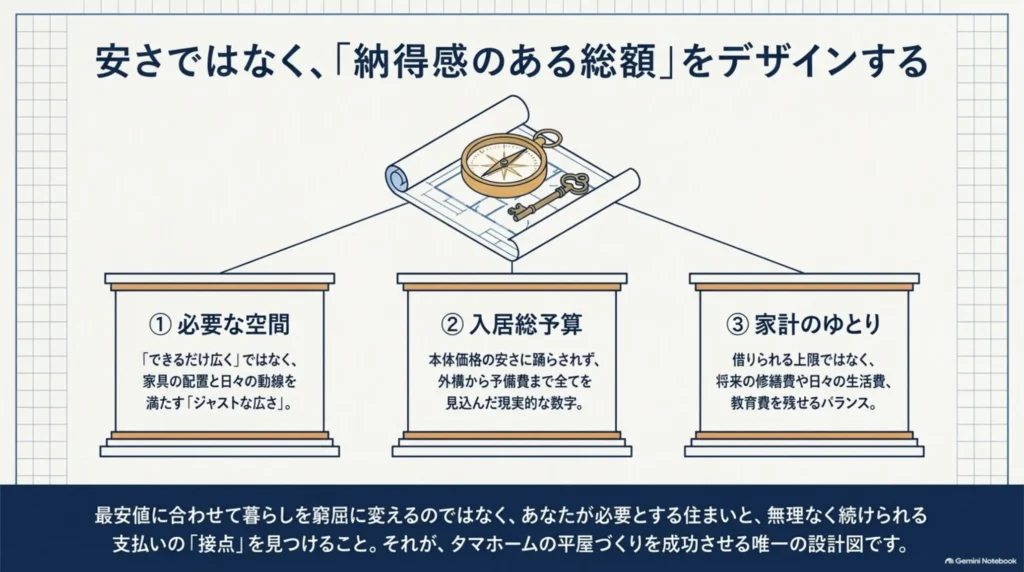 必要な空間、入居までの総予算、家計のゆとりの3点から平屋の予算を考える図