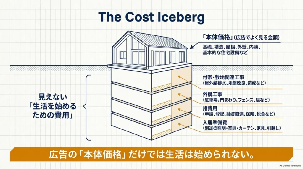 タマホーム平屋の本体価格に、付帯工事・外構・諸費用・入居準備費が加わることを示した図