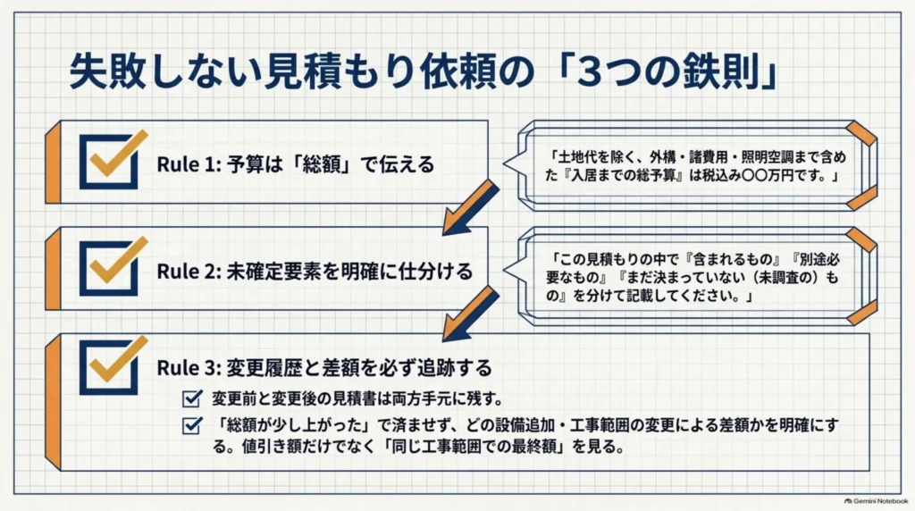 総額で予算を伝える、未確定費用を分ける、変更履歴と差額を残すという見積もり依頼の3原則