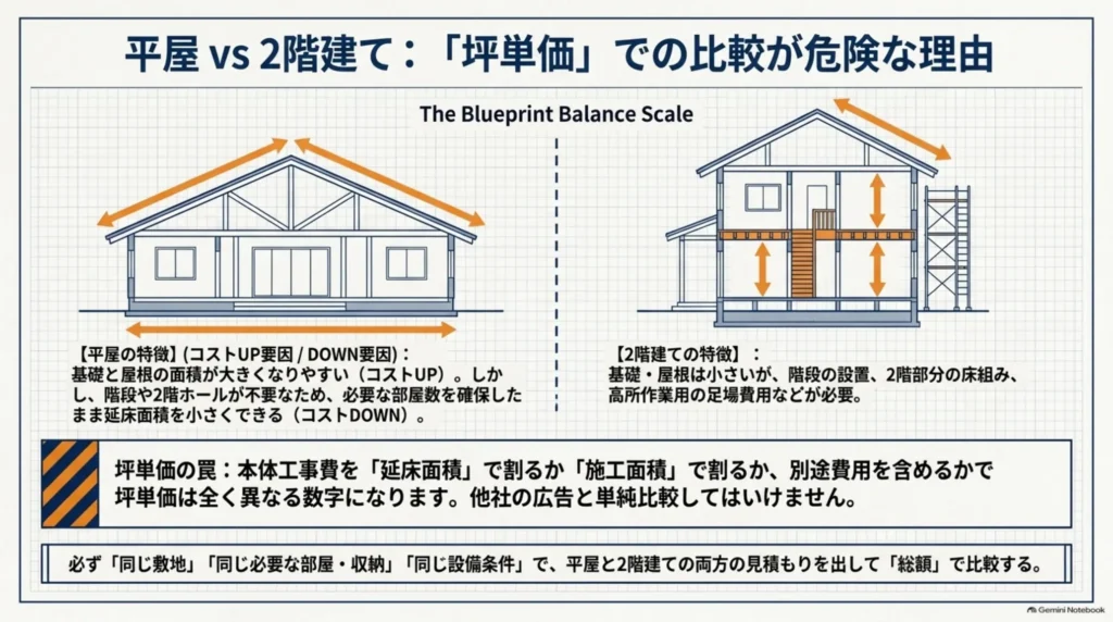 平屋と2階建ての基礎・屋根・階段などの費用差と、同条件の総額で比較する必要性を示した図