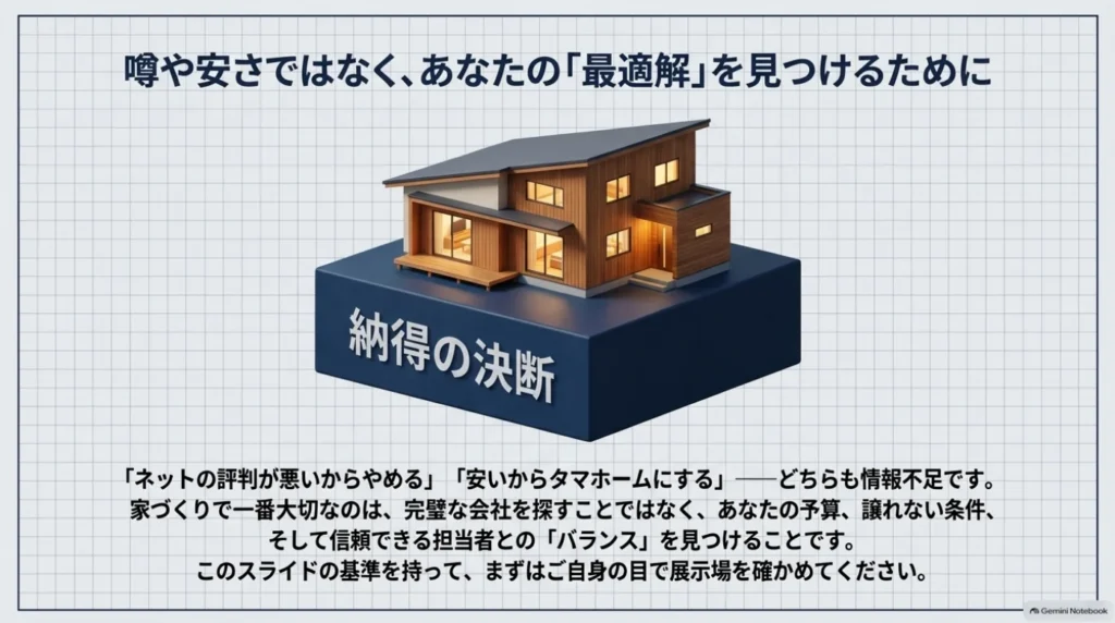 納得の決断と書かれた台座に住宅を載せ、ネットの評判や安さだけで決めず、予算・譲れない条件・信頼できる担当者のバランスで選ぶことを伝える図。