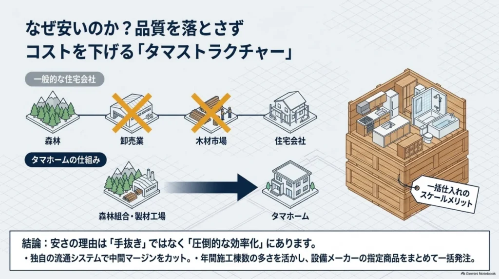 森林組合や製材工場からタマホームにつながる木材流通と、住宅設備の一括仕入れによって調達費を抑える仕組みを示した図。