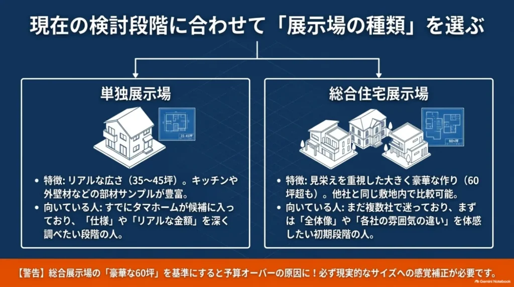 仕様や費用を詳しく調べたい人向けの単独展示場と、複数社を比較したい人向けの総合住宅展示場について、特徴と向いている検討段階を整理した図。
