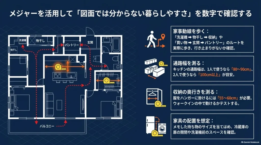間取り図に家事動線と計測箇所を示し、キッチンの通路幅、収納の奥行き、家具家電の配置と扉の開閉を確認するポイントをまとめた図。