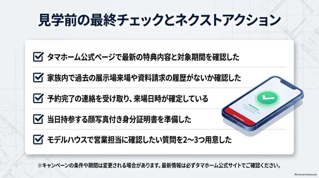 見学前に確認する、最新の特典と対象期間、家族の来場・資料請求履歴、予約日時の確定、顔写真付き身分証の準備、モデルハウスで聞きたい質問の5項目。