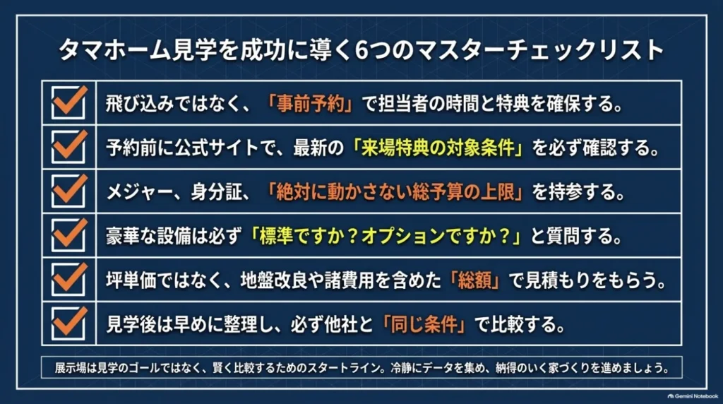 事前予約、来場特典の条件確認、持ち物と予算の準備、標準仕様とオプションの区別、総額の見積もり、見学後の他社比較という6つの確認事項をまとめたチェックリスト。