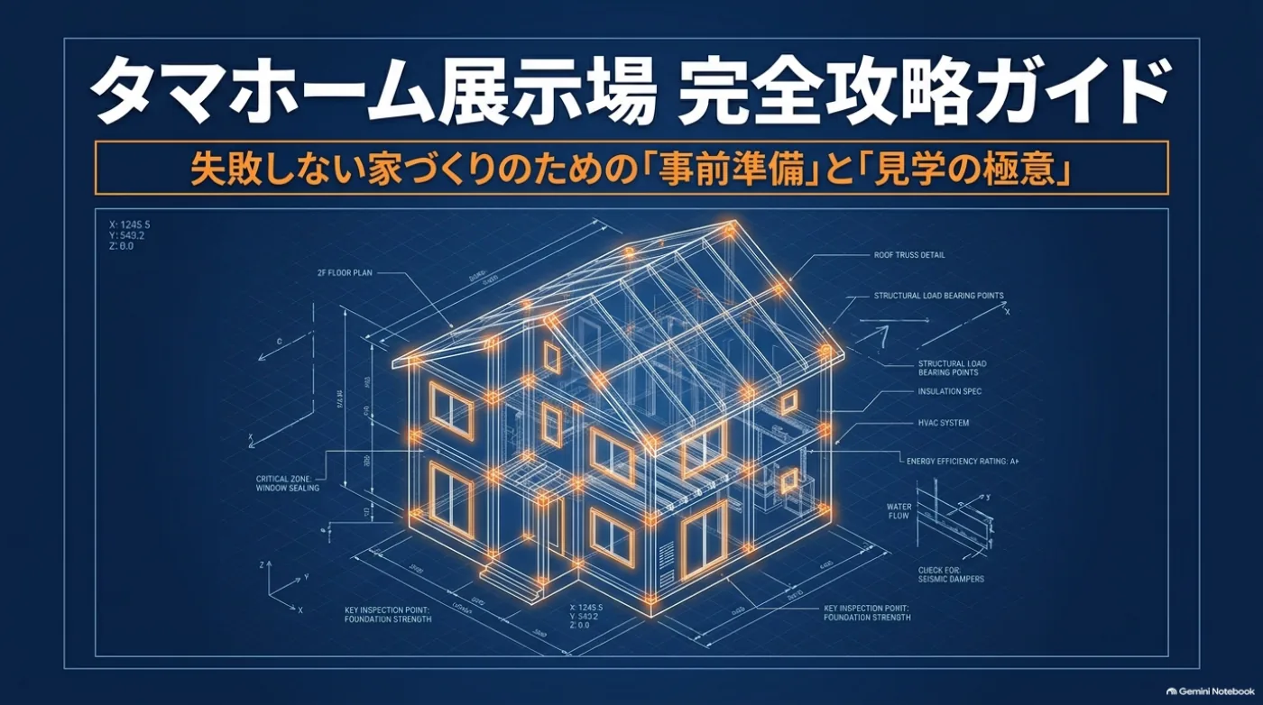 住宅の構造を描いた図とともに、タマホーム展示場の事前準備と見学のポイントを紹介するガイドの表紙。