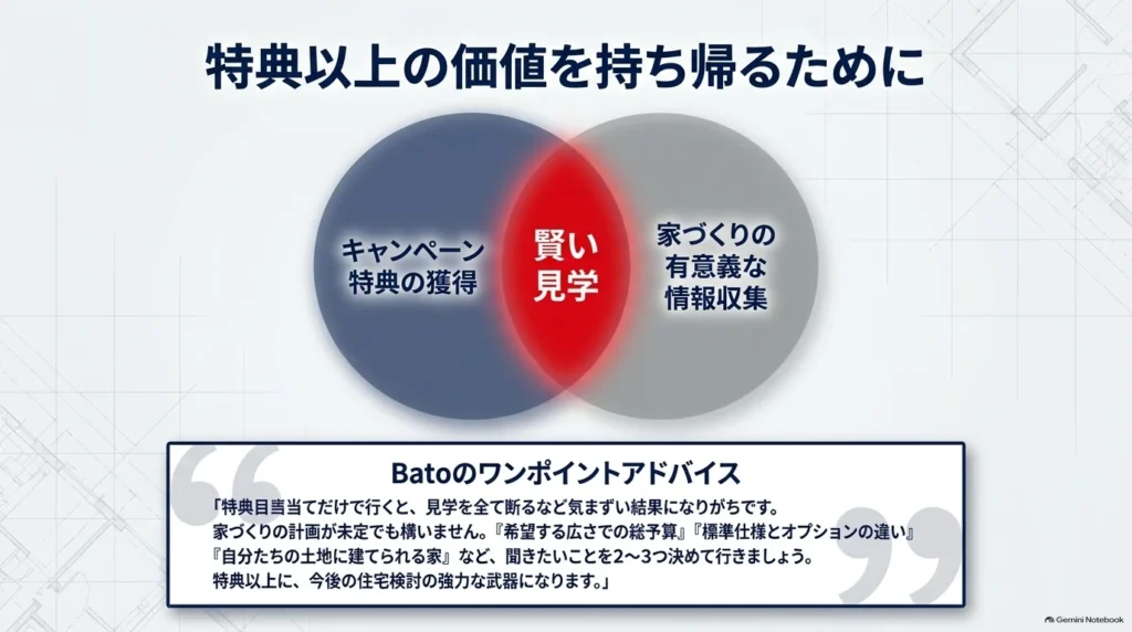 来場特典の獲得と家づくりの情報収集を重ねた「賢い見学」の図。予算の総額、標準仕様とオプション、土地に合う家など、質問を準備して見学することを勧めている。