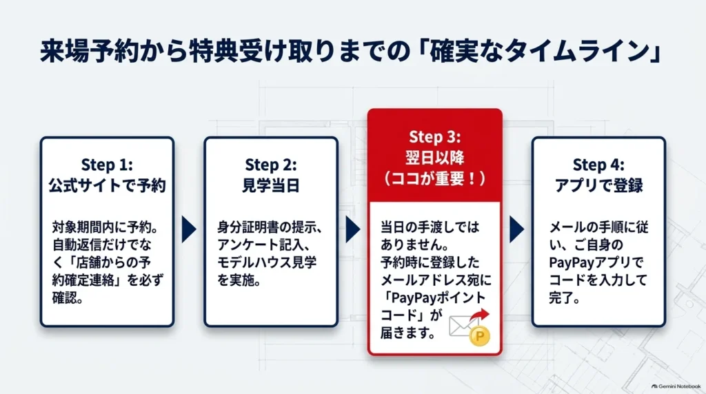 公式サイトでの予約、当日の本人確認・見学・アンケート、来場翌日以降のポイントコードのメール送付、PayPayアプリでの交換という流れを示す図。