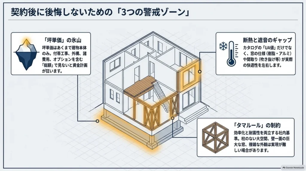 住宅の断面図に、坪単価と総額の違い、タマルールによる間取りの制約、断熱性と遮音性の確認という三つの注意点を示した図。