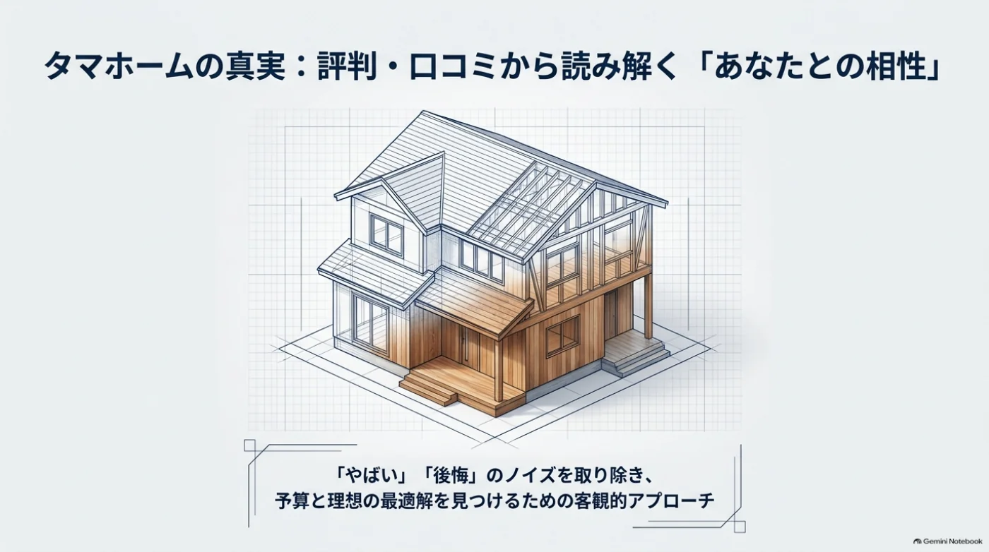 木造住宅のイラストと、タマホームの評判や口コミから予算と希望に合う住宅会社かを判断するという記事のテーマ。