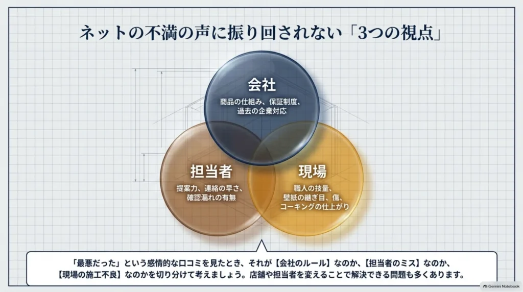 口コミの原因を、会社の商品や保証制度、担当者の提案や連絡、現場の施工や仕上がりの三つに分けて考える図。
