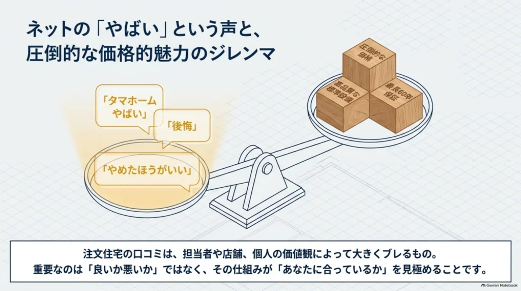 タマホームへの不安な口コミと、価格・標準設備・保証への期待を天秤で対比し、自分との相性を見極める重要性を示した図。