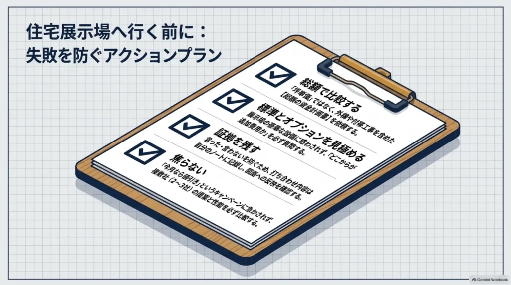 総額で比較する、標準仕様とオプションを見極める、打ち合わせの証拠を残す、契約を焦らず複数社を比較するという四つの行動を示したチェックリスト。