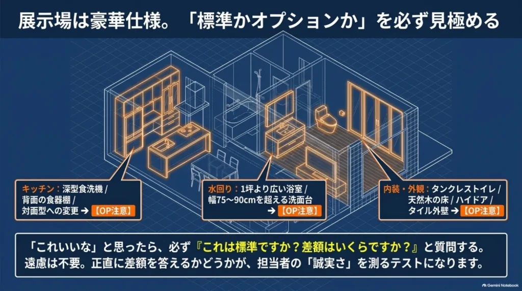 キッチン、水回り、内装、外壁で追加費用が発生する可能性のある設備を示し、標準仕様かオプションかと差額を確認するよう促す図。