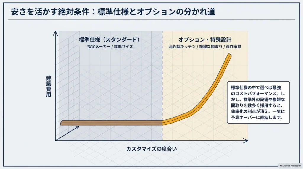 標準仕様を中心に選ぶ場合と、標準外設備や特殊設計を増やす場合の建築費用の変化を模式的な曲線で示した図。