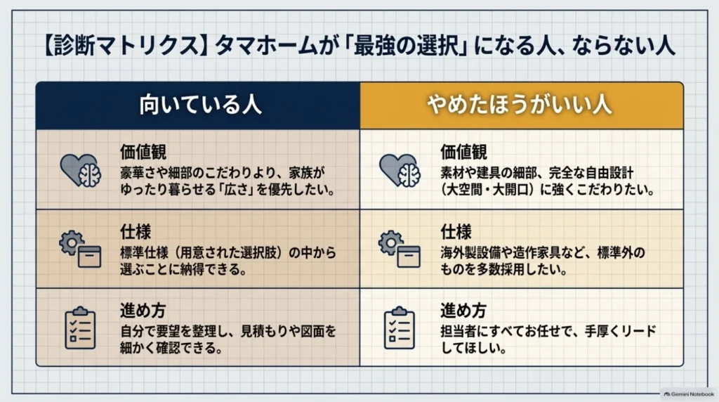 広さと標準仕様を重視し自分で確認を進められる人と、自由設計や標準外設備、手厚い提案を求める人を、価値観・仕様・進め方で比較した表。