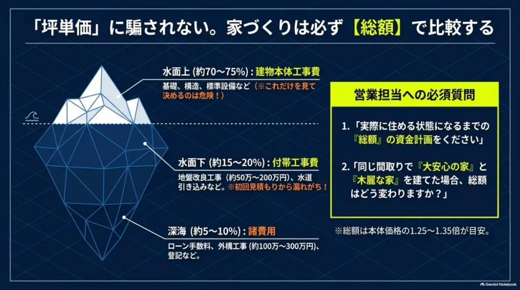 建物本体工事費、付帯工事費、諸費用を氷山に例え、住める状態までの総額と同じ間取りでの商品別の金額差を確認する重要性を示した図。