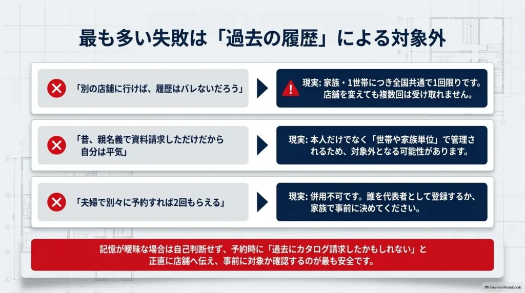 別店舗への来場でも特典は世帯・家族につき1回限りで、過去の資料請求や家族の履歴についても予約前の確認が必要であることを説明する図。