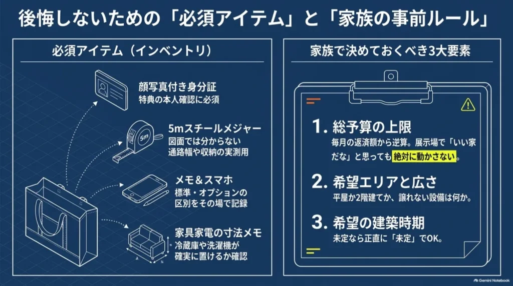 見学に持参する身分証、メジャー、メモ、スマートフォン、家具家電の寸法メモと、家族で決めておく総予算、希望エリアと広さ、建築時期をまとめた図。