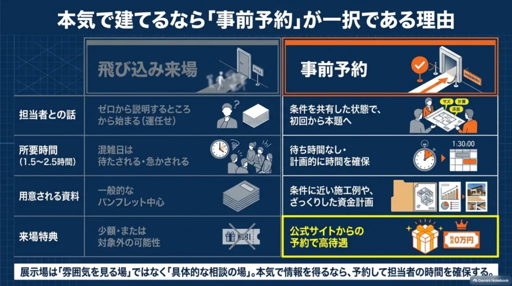 タマホームの事前予約と飛び込み来場を、担当者との相談、待ち時間、用意される資料、来場特典の4項目で比較した図。